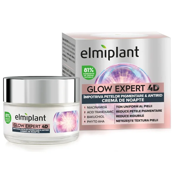 Crema De Noapte Elmiplant Glow Expert 4D – Impotriva Petelor Pigmentare Si Antirid Cu Niacinamida Si Bakuchiol, 50 Ml