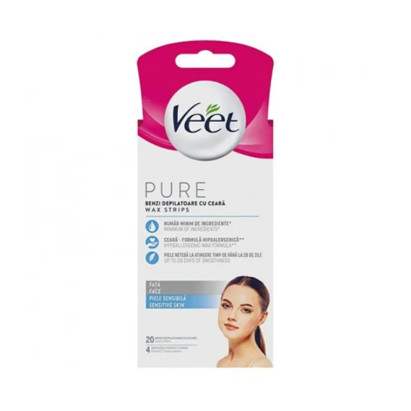 Veet Benzi Depilatoare Cu Ceara Pure Piele Sensibila Pentru Fata 20Buc